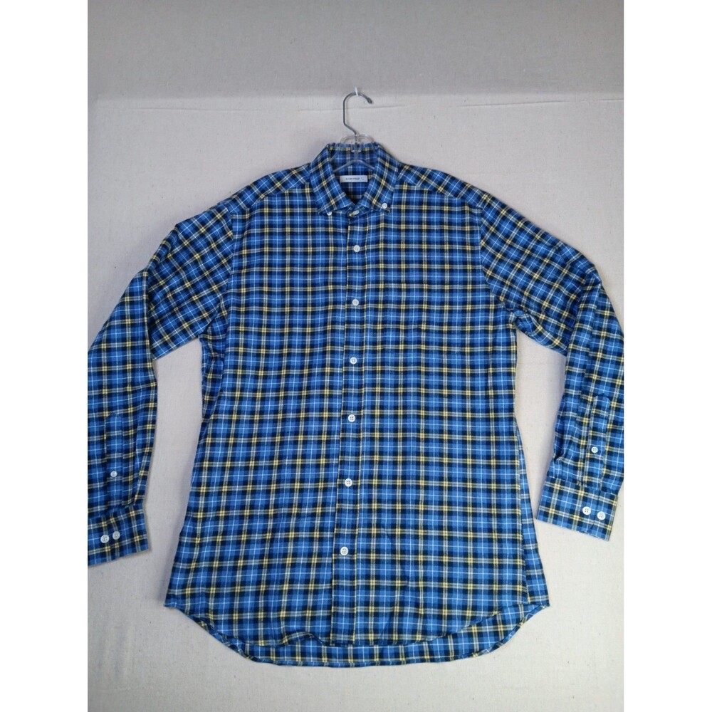 Oliver Ridley Plaid Button Down Shirt Medium Blue Yellow 100% Cotton EUC